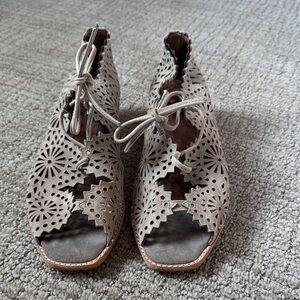 Jeffrey Campbell Taupe Laser-Cut Lace-Up Peep-Toe Mules